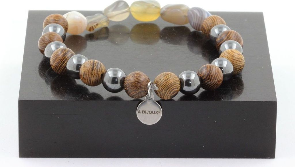 Armband Bostwana-Achat + Hämatitperlen + Holz 8 mm