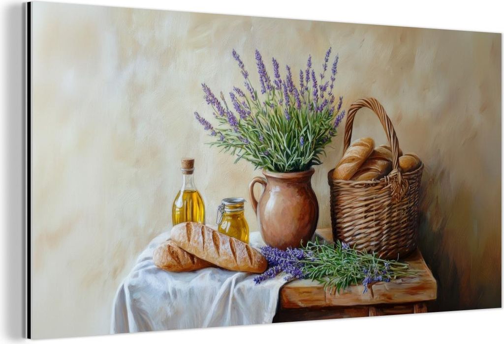 MuchoWow Wanddekoration Metall Metallbild Wandkunst 120x60 cm Lavendel - Brot - Stilleben MuchoWow Aluminium Gemälde - Metalbilder