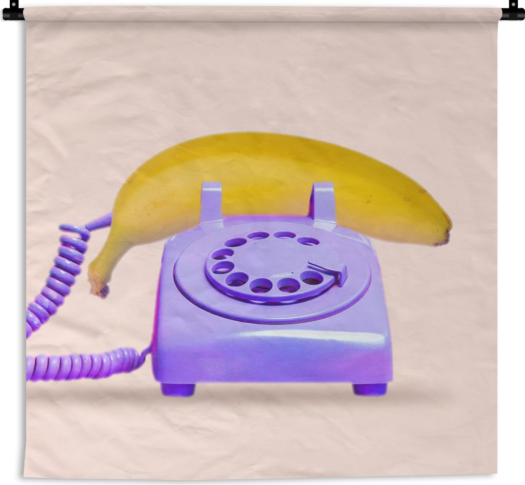 MuchoWow Wandteppich Wandbehang Banane - Telefon - Lila - Gelb 150x150 cm Tapisserie Dekoration Wandtuch - Wohnaccessoires - Modernes