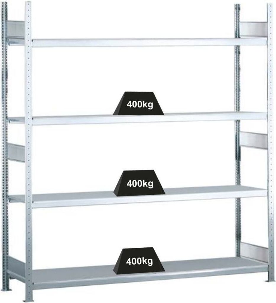 Schulte Weitspannregal mit Stahlböden WS 2000 | Grundregal | HxBxT 250x150x80cm | 4 Ebenen | Fachlast 400kg | Verzinkt