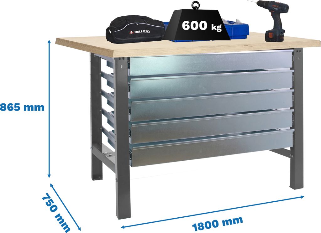 SIMONWORK BT6L MDF-Werkbank 5BOX 1800x750 CINZA/MADEIRA mit Parafusos