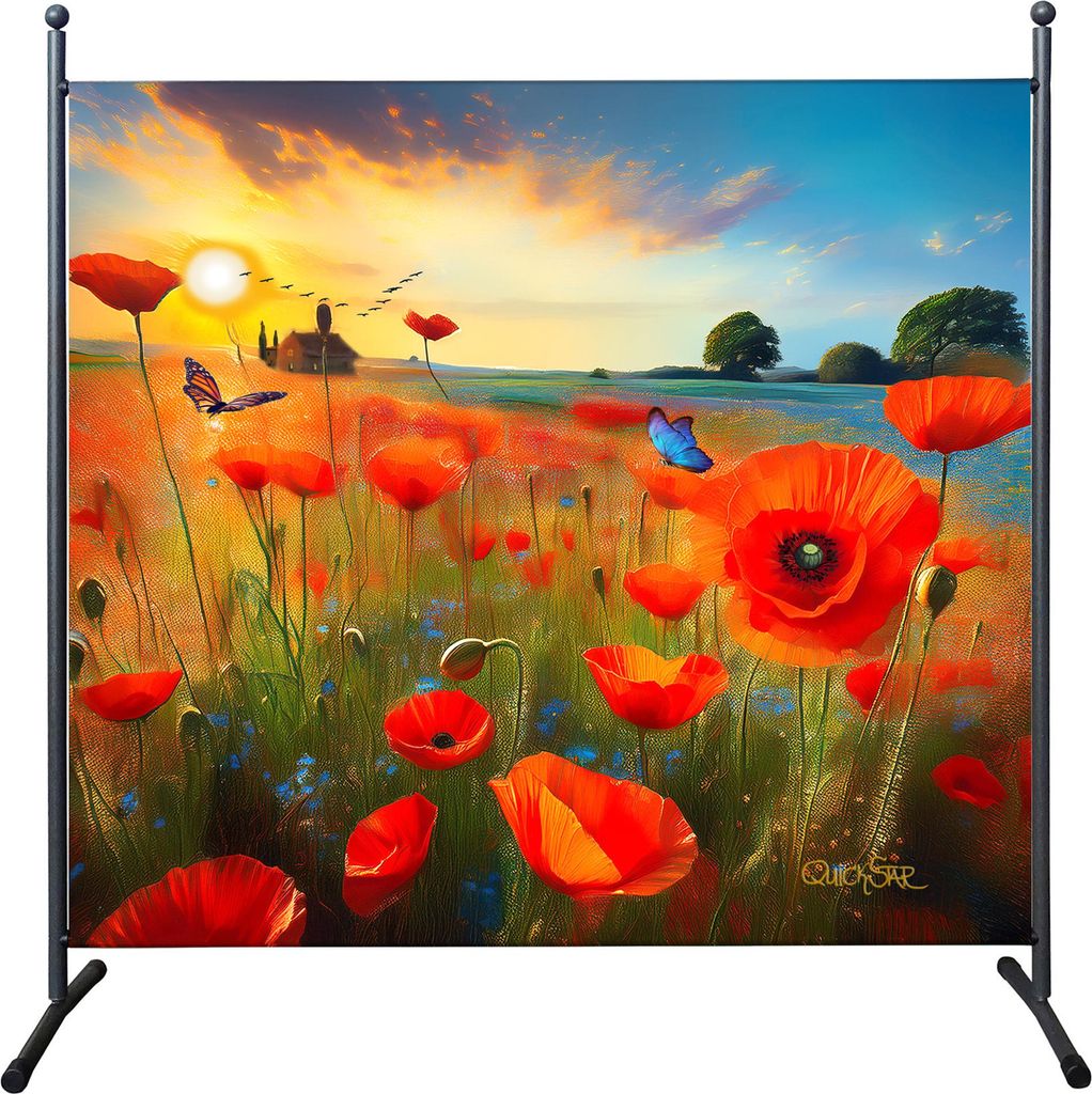 Paravent Outdoor Wetterfest 180 x 178 cm Mohnwiese | Raumteiler Stellwand Innen | Garten & Balkon Sichtschutz Blickdicht