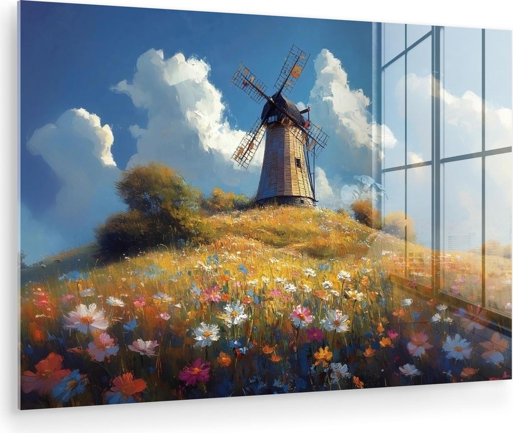MuchoWow Glasbilder - Bilder auf Wandbild - Foto auf Glas Windmühle - Hügel - Blumen - Farbenfroh 120x80 cm Wanddekoration aus Glas - Acrylglasbi...