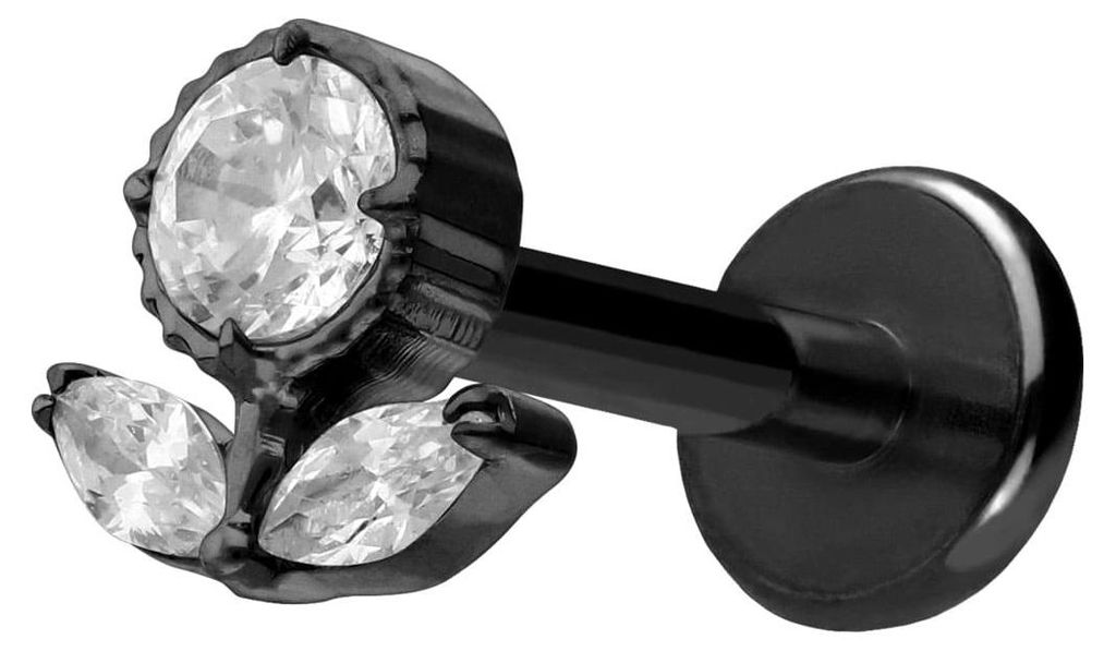 Ohrpiercing, Nasenpiercing Titan Labret mit Push Fit KRISTALLBLUME Schwarz Stablänge: 9mm | Stabstärke: 1,2mm