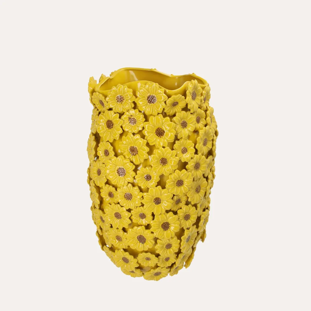 KEYHOMESTORE Vase en céramique gris avec marguerites jaunes H45x30cm