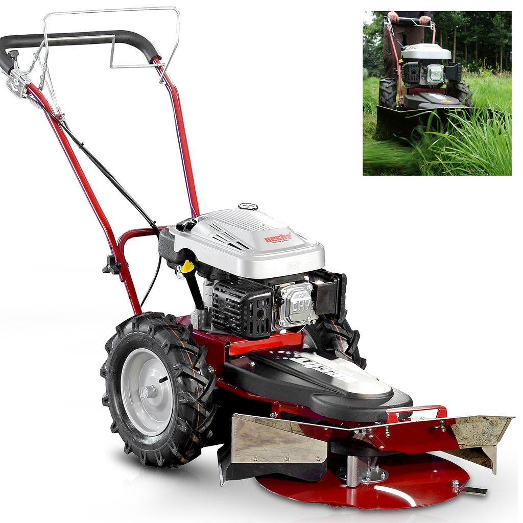 A red and silver rotary mower with large rear wheels, shown against a white background. A small inset image shows the mower in use in a grassy field.