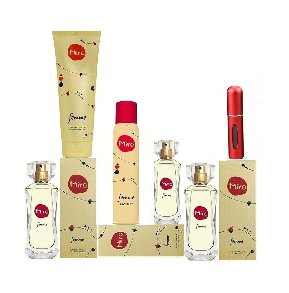 Miro FEMME Eau de Parfum Spray 3 x 50 ml+ 1 x Bath & Shower Gel 250 ml +1 x Deodorant Spray 100 ml + 1 eleganter Taschenzerstäuber