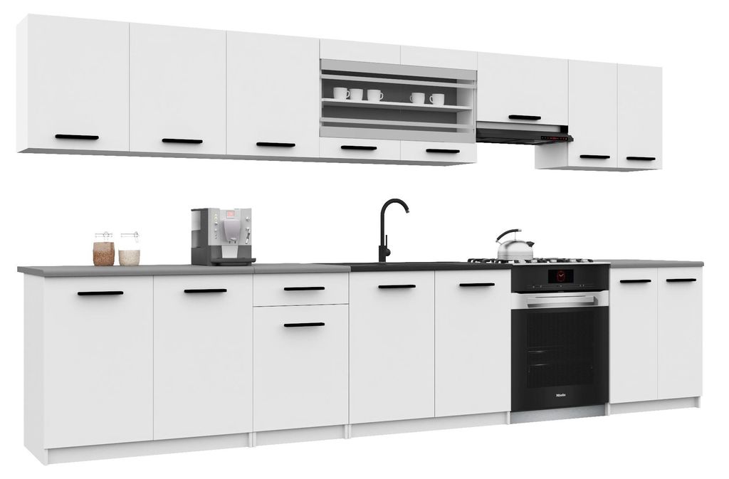 Belini Moderne Küchenzeile Küchenblock ITALIA 3 - Küchenmöbel 320cm Weiß Matt - Einbauküche mit Hängeschränke, Unterschränke & Arbeitsplatten