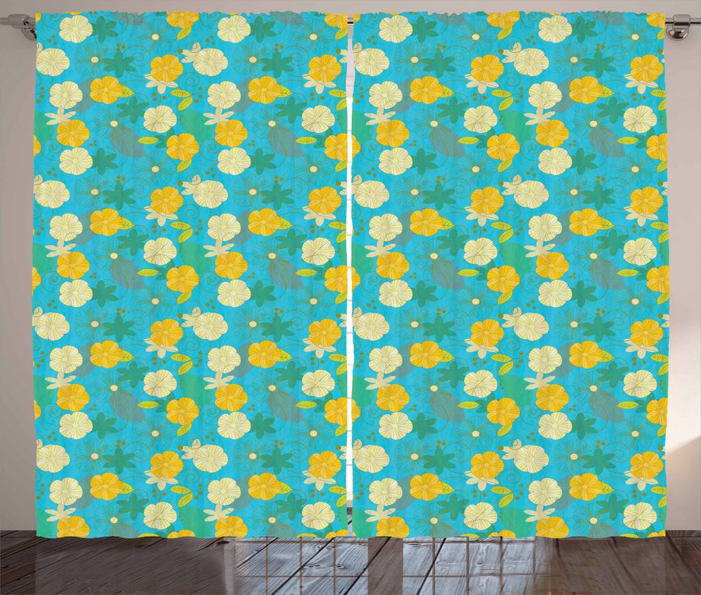 ABAKUHAUS Garten-Kunst Rustikaler Vorhang, Blumen auf blauem Muster, Wohnzimmer Universalband Gardinen mit Schlaufen und Haken, 280 x 175 cm, Mehrf...
