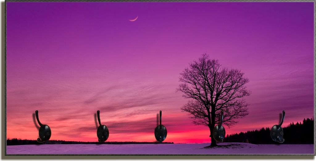 Wallario Flurgarderobe Wandgarderobe aus Holz, mit 5 Haken, Größe 80 x 40 cm, Motiv Mond und Baum am Abend bei Schnee