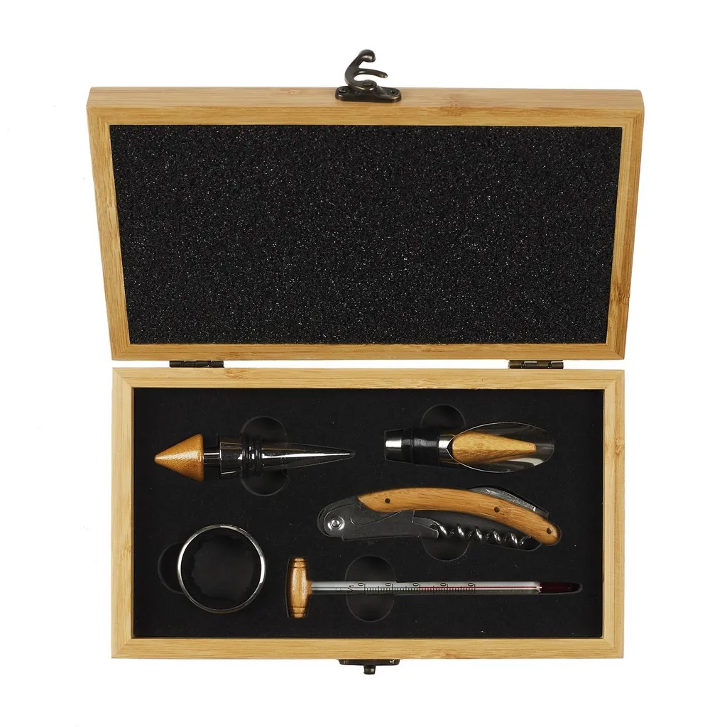 Kit Vino Professionale 5 Accessori in Cassetta Legno Naturale - 3