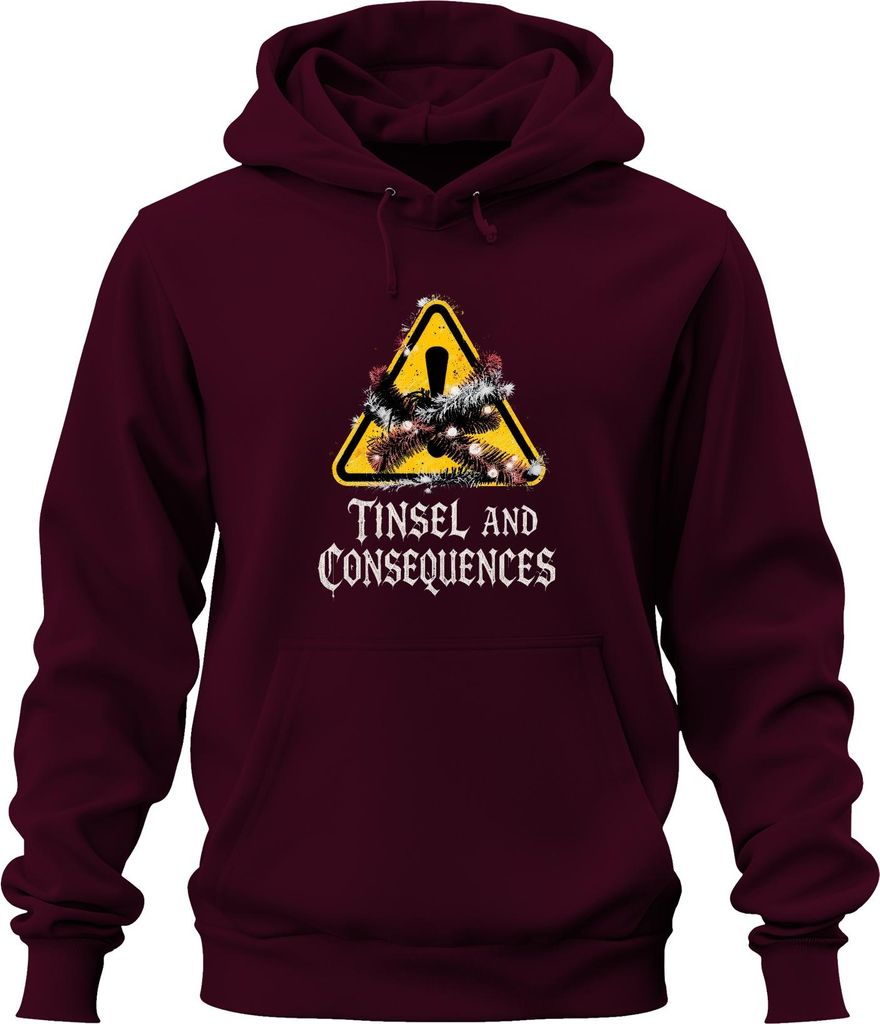 Tinsel and Consequences Weihnachten Lametta Warnschild lustig Uni Hoodie Kapuzenpullover, Burgundy, XXL
