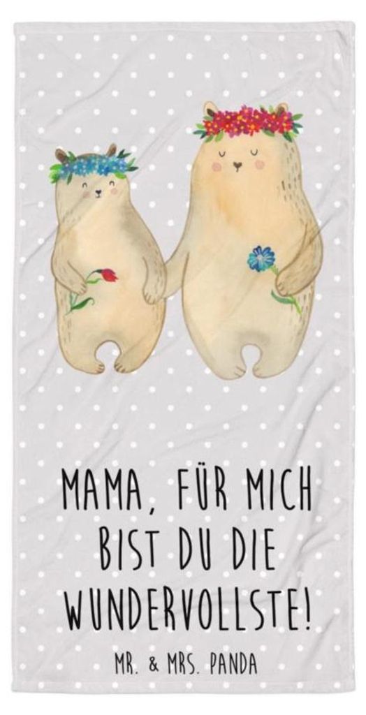 Mr. & Mrs. Panda Reisehandtuch Bären mit Blumenkranz - Grau Pastell - Geschenk, Handtuch, Großes Badehandtuch, Kinder, Muttertag, Bär, Mama, Fam...