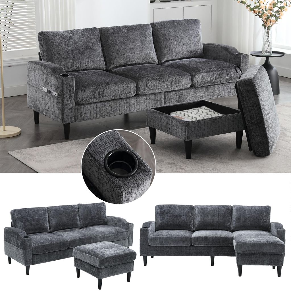 Sweiko Elegantes Sofa mit Hocker & Stauraum – 4-Sitzer mit bequemen Armlehnen, Getränkehalter, Seitentaschen & robusten Kunststofffüßen, Samtb...