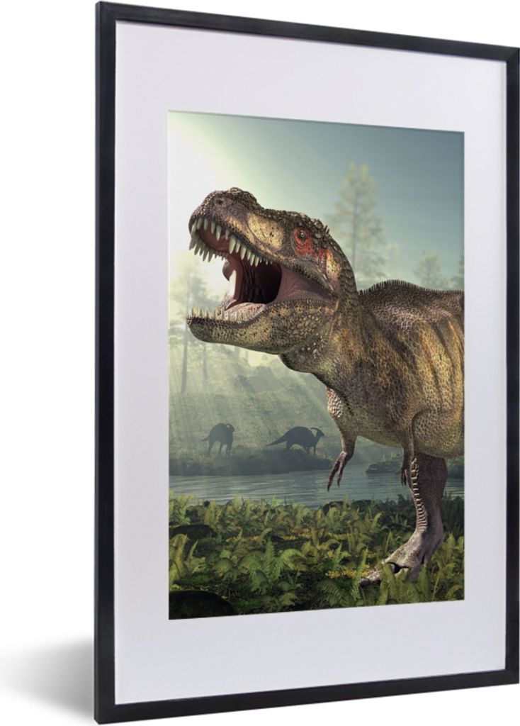 MuchoWow Gerahmtes Poster Dino - Gras - Zeichnung - Kinder - Jungen 40x60 cm - Poster mit Schwarzem Bilderrahmen Wandposter Rahmen Foto Bilder - ...