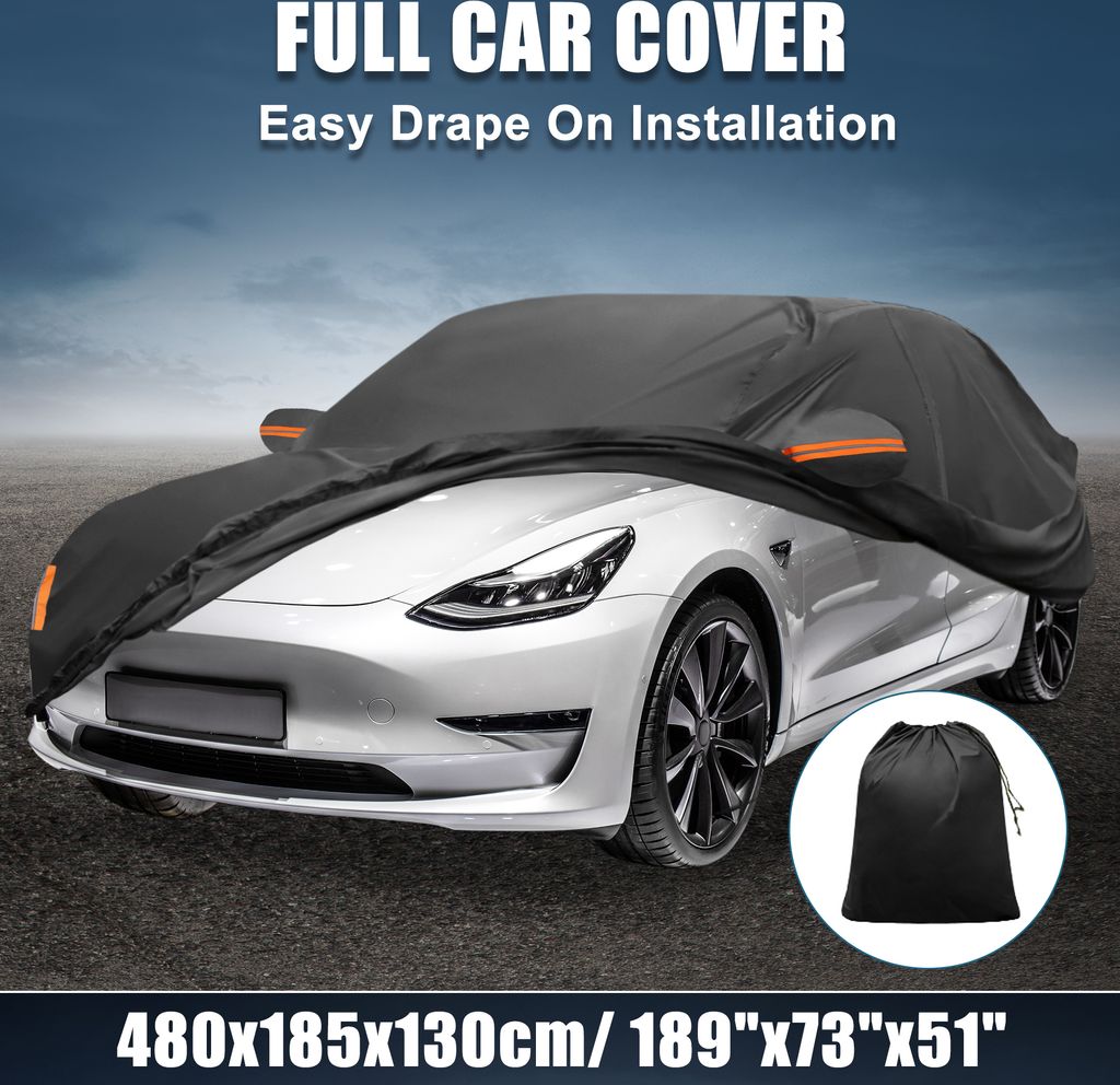 Autoabdeckung 210D-PU Oxford Outdoor Vollgarage Wasserdicht Winddicht Sonnenschutz mit Fahrertür-Rei?verschluss Schwarz für Tesla Model 3 2017-2023