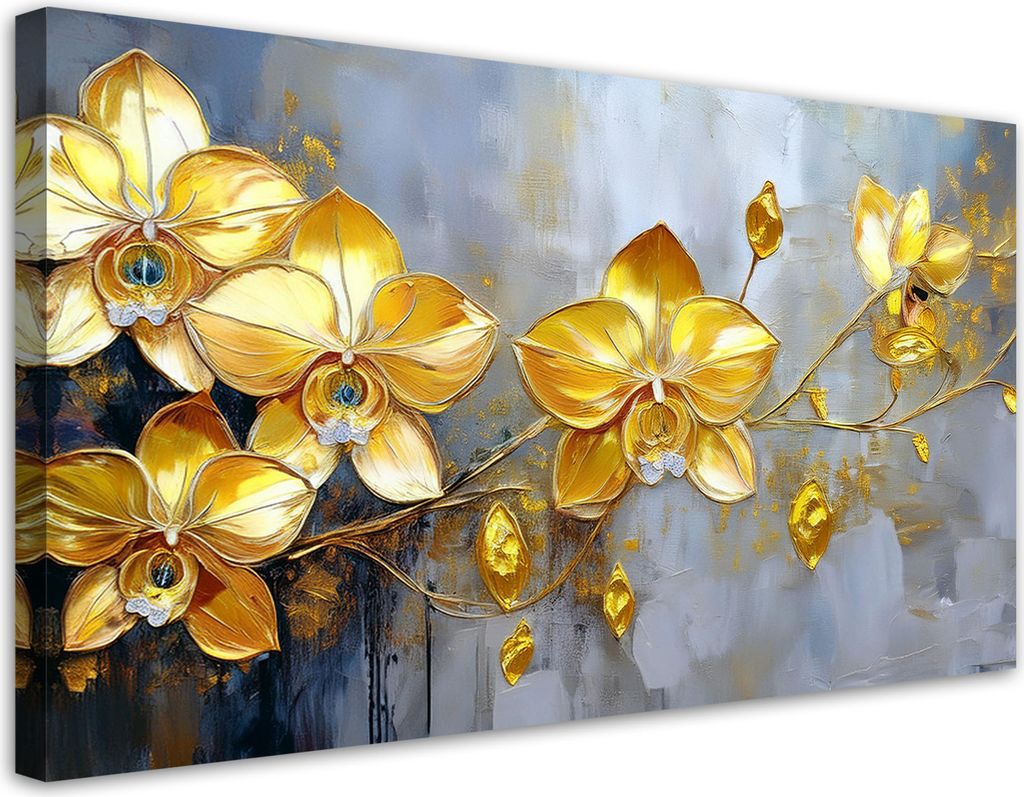 Leinwandbild Goldene Orchideen Blumen Glamour 120x60 Feeby Gold bild für die wand bereit zum aufhängen