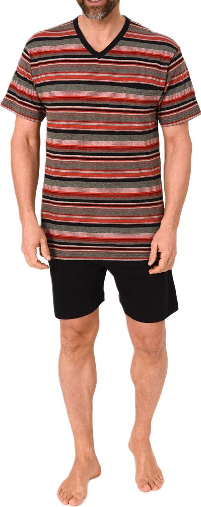 Normann Herren Schlafanzug kurzarm Shorty Pyjama in Streifenoptik und V-Hals ; rot , 58