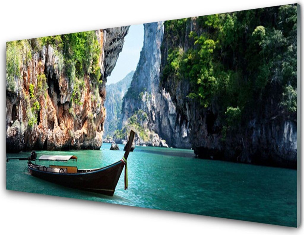 Acrylglasbilder 100x50 Wandbild Druck Boot See Felsen Landschaft