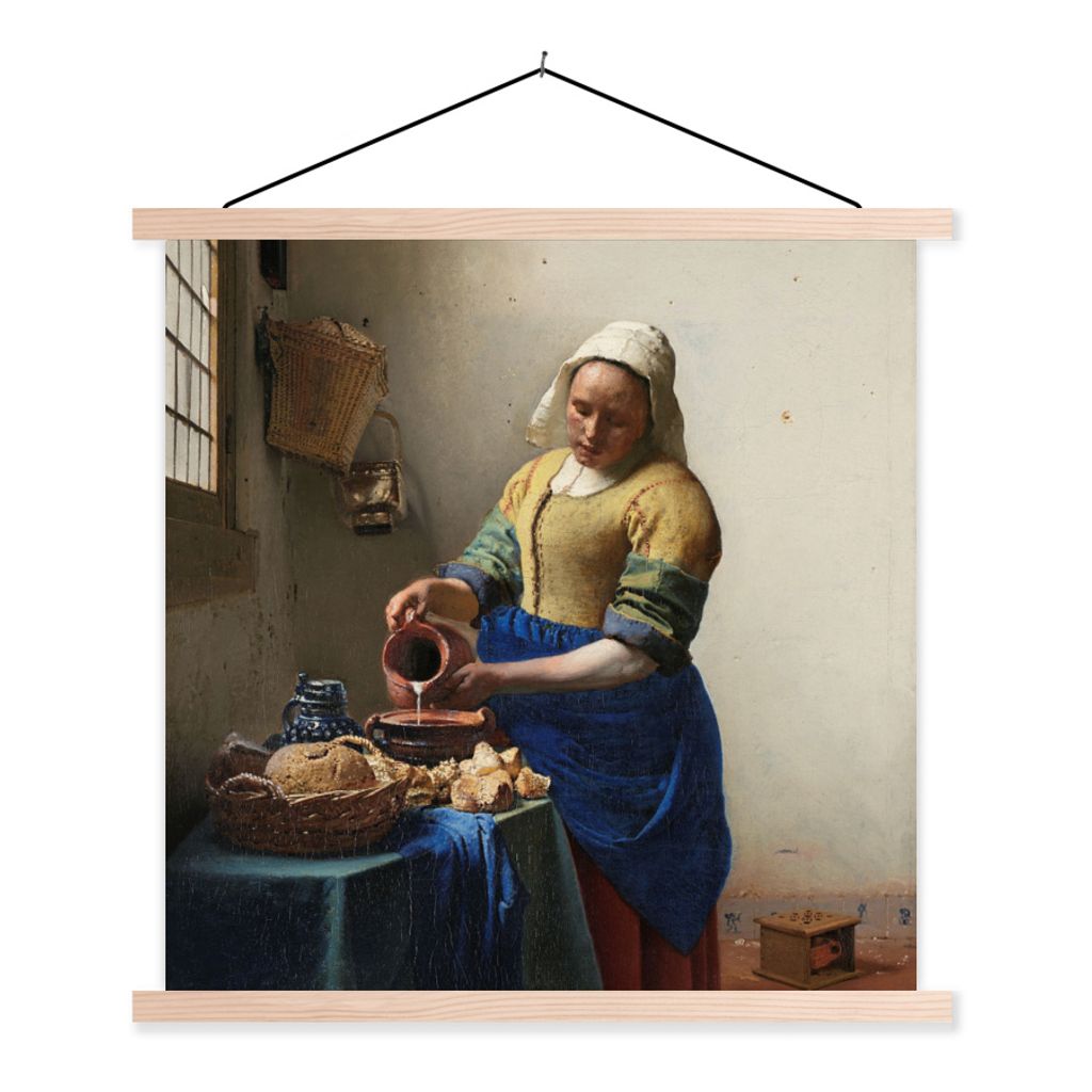 MuchoWow Textilposter Das Milchmädchen - Gemälde von Johannes Vermeer 60x60 cm mit holzfarbenen Rahmen - Wanddekoration