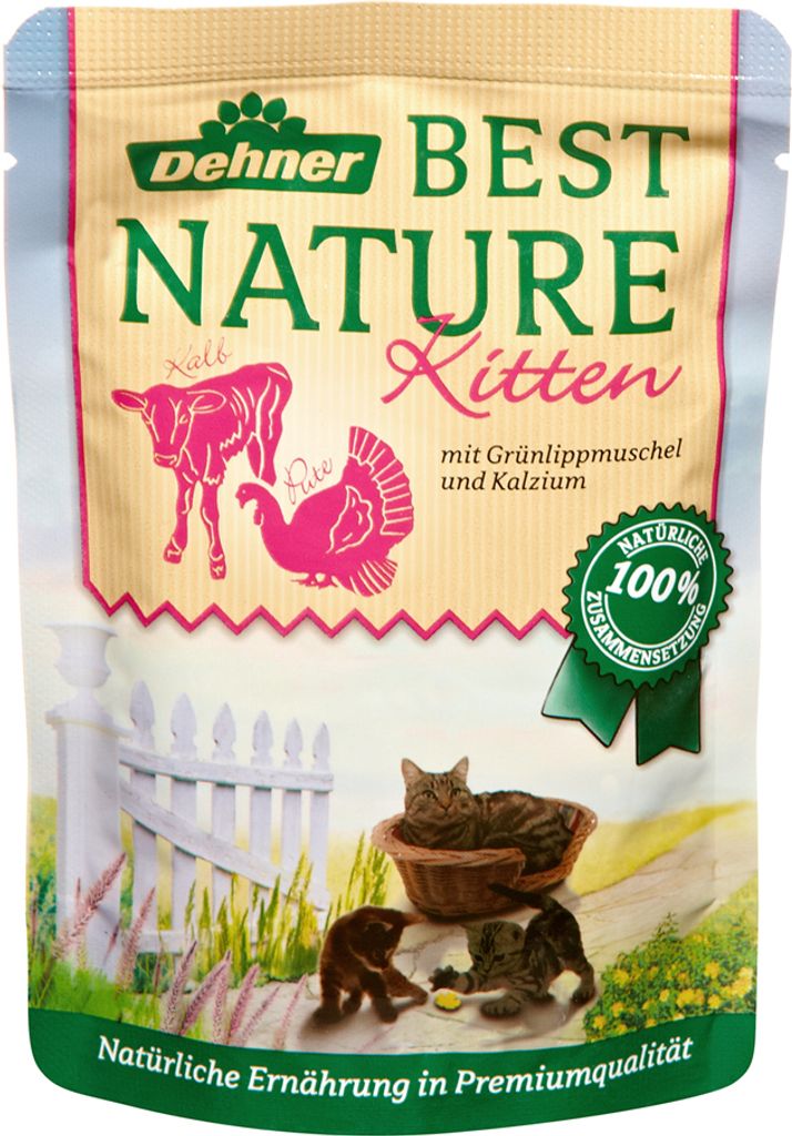 Dehner Best Nature Katzenfutter Kitten, Nassfutter, für junge Katzen, Kalb / Pute / Grünlippmuschel, 16 x 85 g Beutel (1.36 kg)