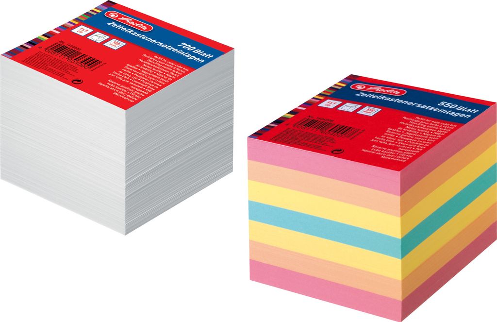 2x Herlitz Zettelbox Nachfüller / 700 weiße + 550 Blatt farbige Notizblätter