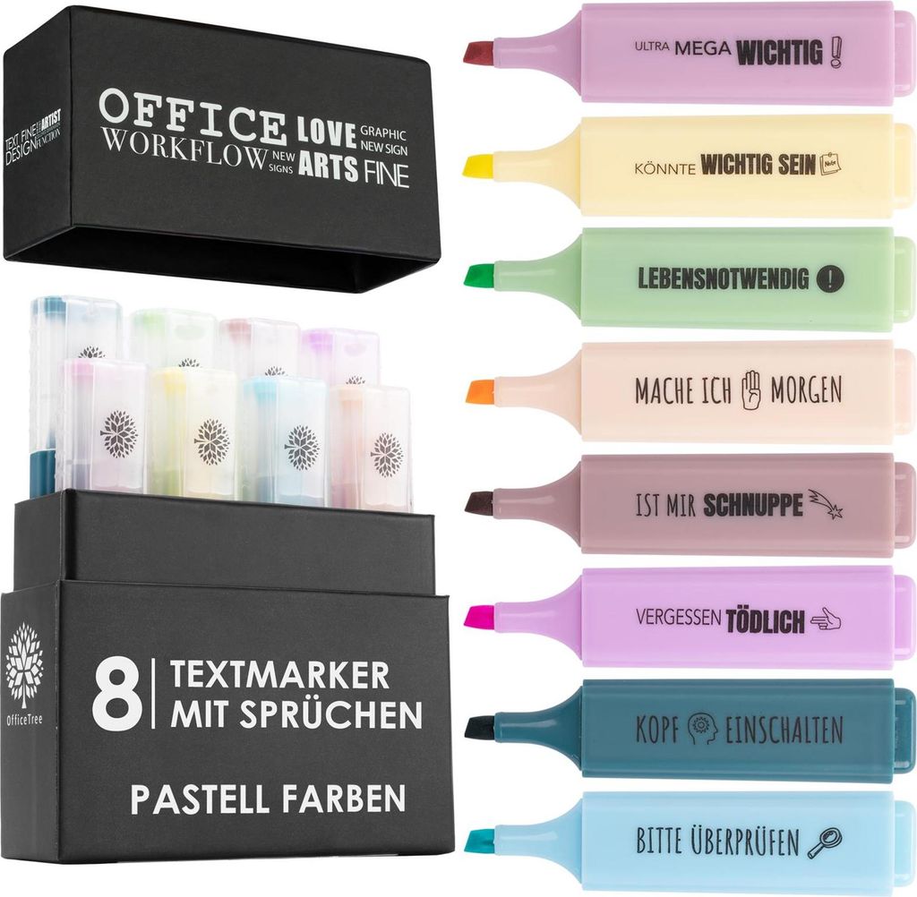 OfficeTree 8x Textmarker Pastell Farben - Nette Sprüche - Produktbild 
