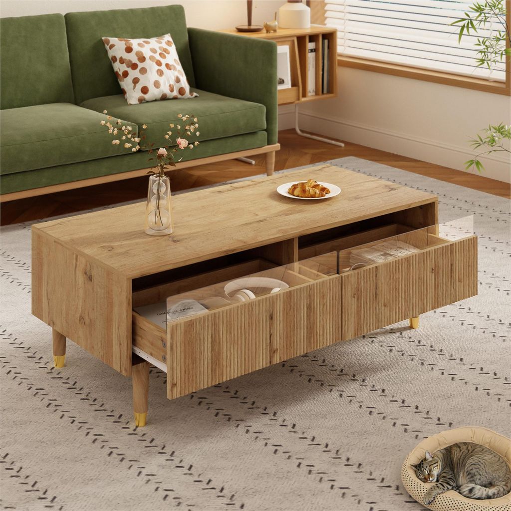 KLAM HOME Couchtisch Sofatisch mit gold-weißen Massivholzbeinen LED-Beleuchtung Wohnzimmertisch mit 2 Schubladen und farbwechselnden LED-Lichtstre...