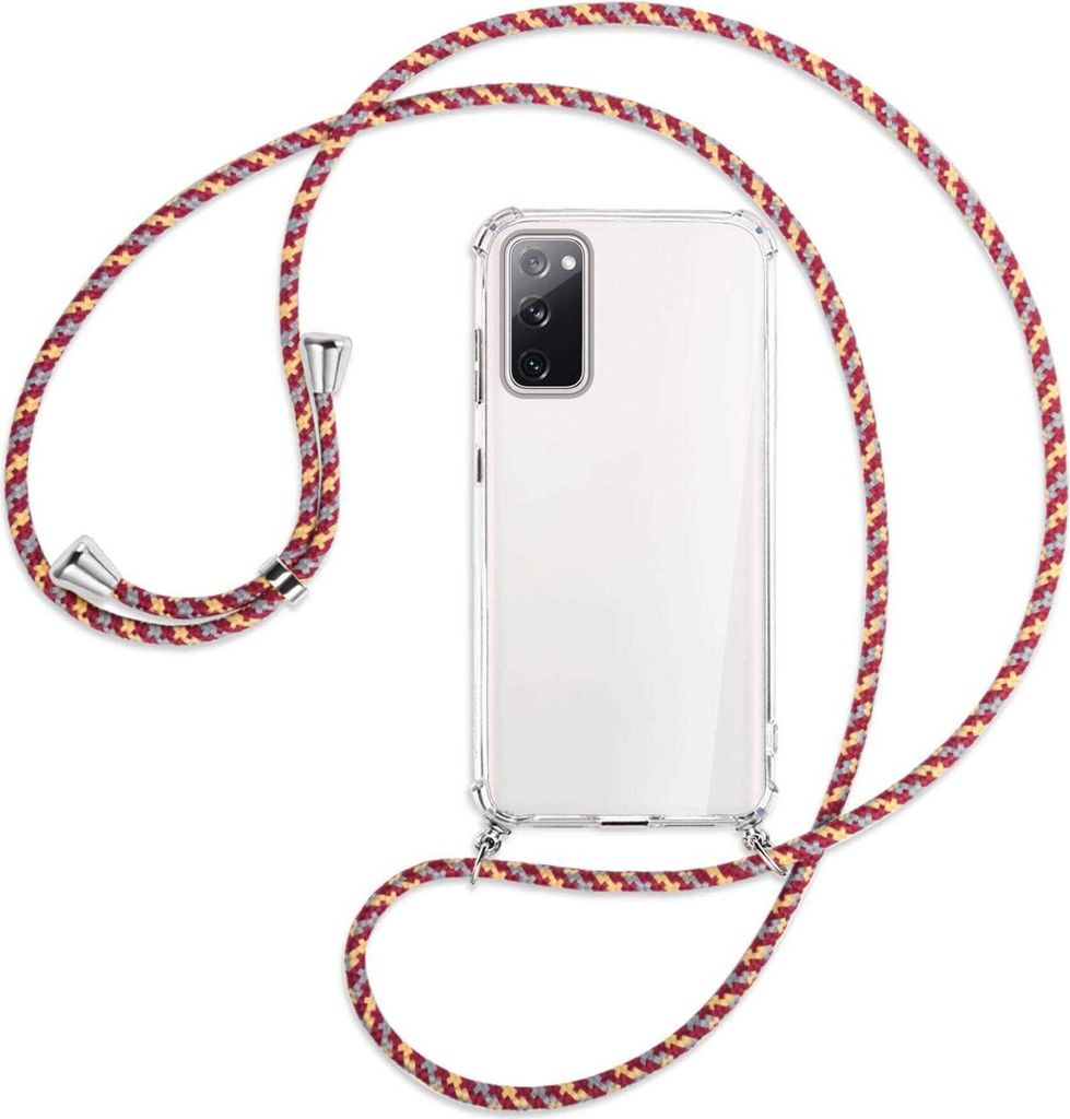 Handykette Backcover-Schutzhülle mit Band (Metall silberfarben) für Samsung Galaxy S20 FE / Lite - weinrot/gelb/grau