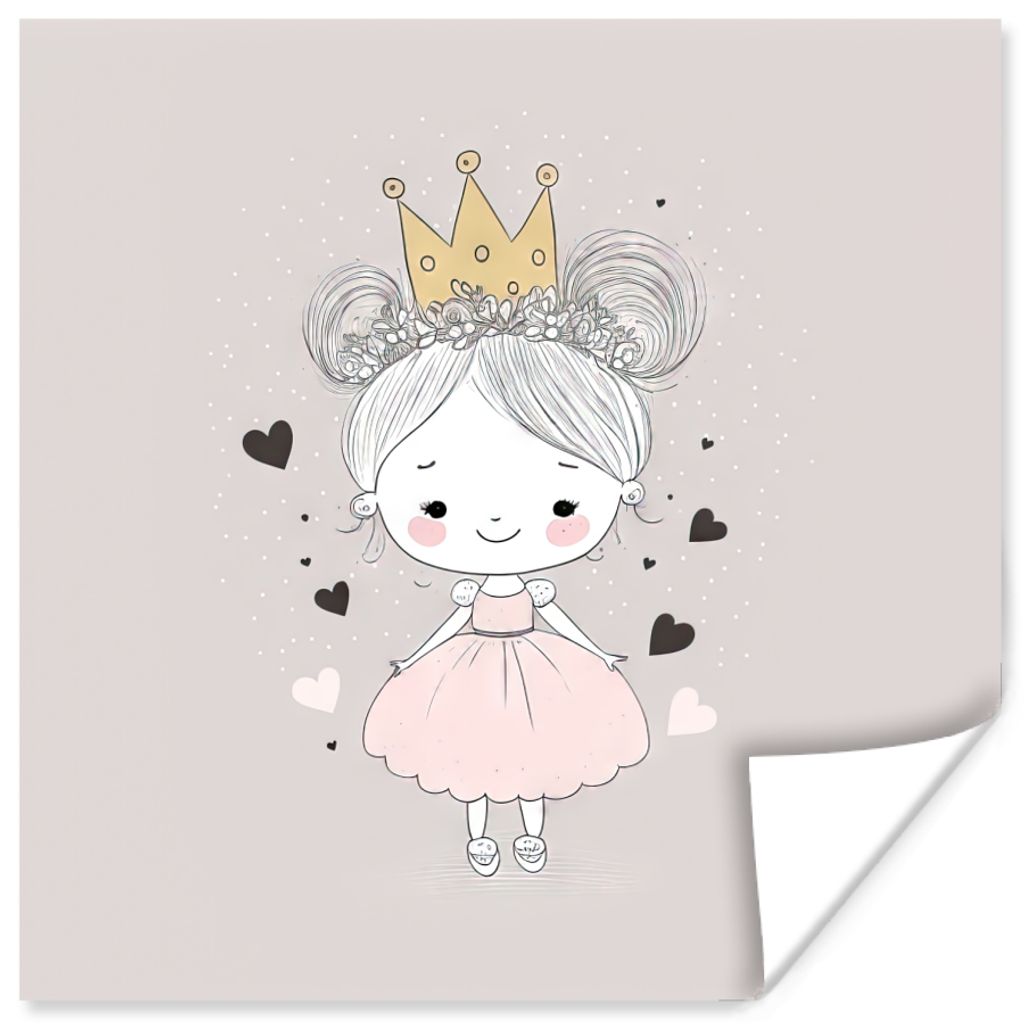 MuchoWow Poster Prinzessin - Mädchen - Herzen - Krone - Rosa 100x100 cm - Babyzimmer