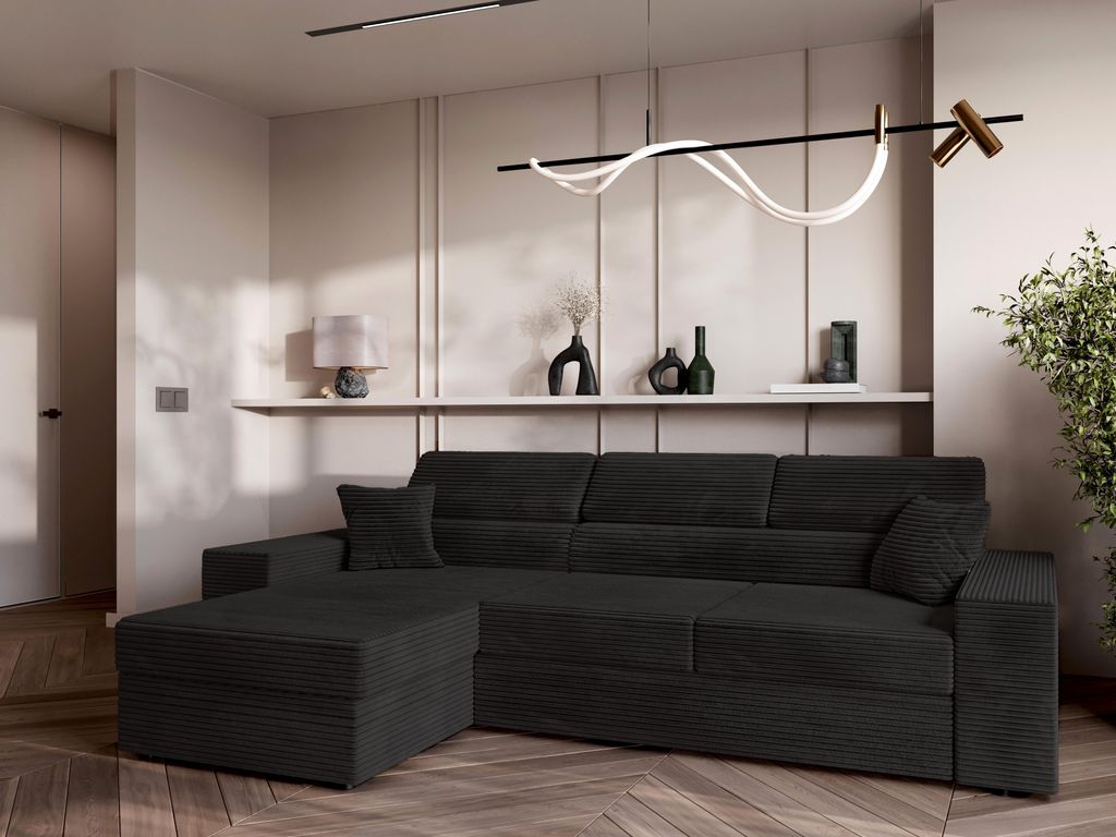 AX LIVING Belek Ecksofa Cord Schwarz mit Schlaffunktion 272 cm