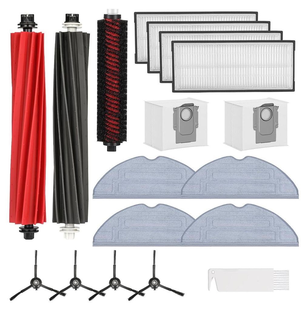A collection of robotic vacuum cleaner accessories, including brushes, filters, cloths, and dust bags, arranged on a white background.
