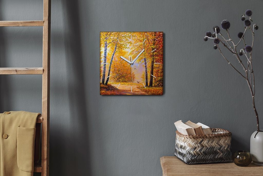 Coloray Hodiny Unikátní 30x30 cm Tiché hodiny Pro obývací pokoj a kuchyň Nástěnné hodiny Plátno Bílé ručičky hodin - Podzimní lesní...