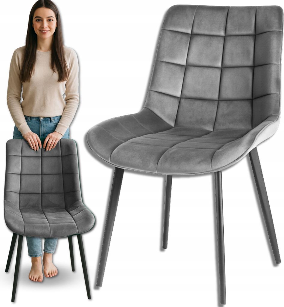 A woman stands next to a chair, with a close-up of the chair in the foreground.