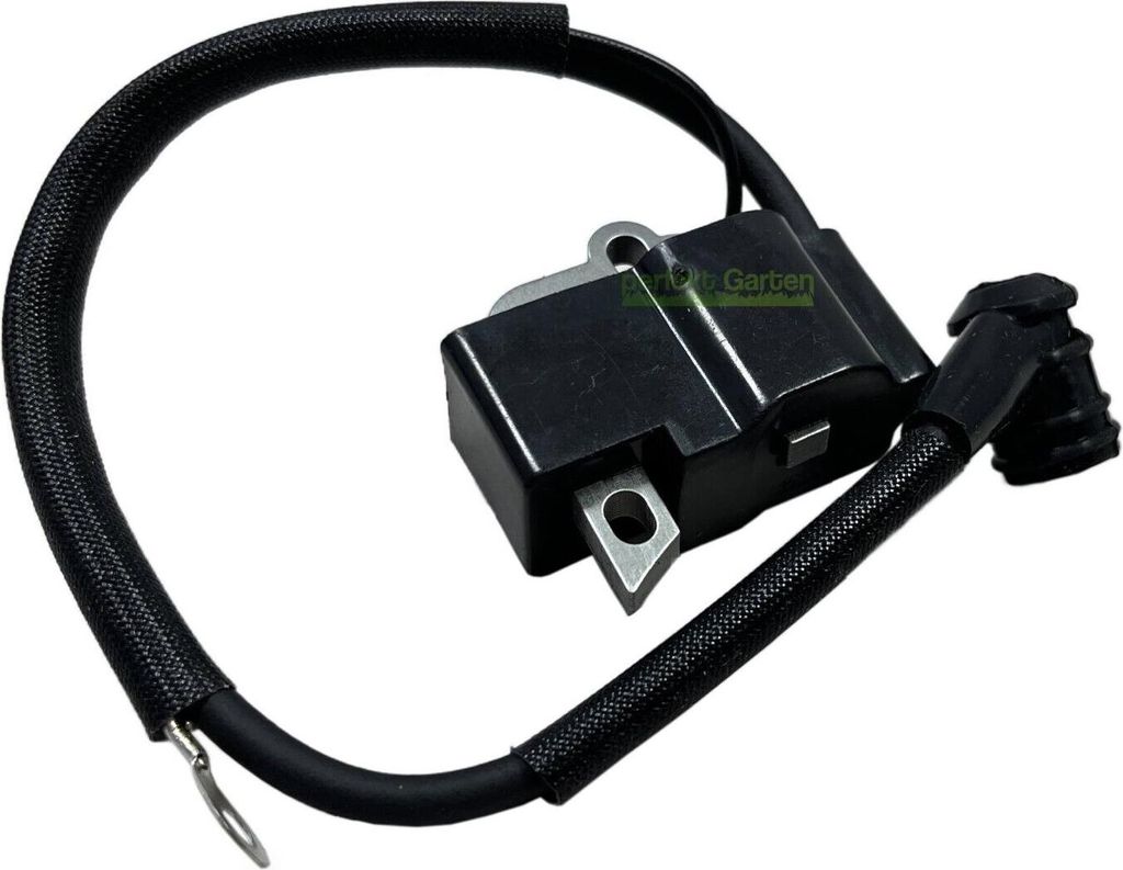 A black ignition coil with a wire harness, isolated on a white background.