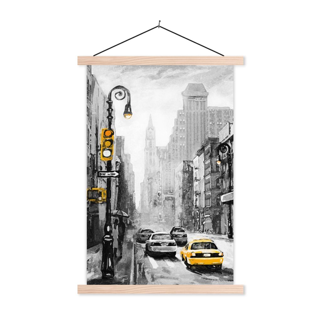 MuchoWow Textilposter Gemälde - Ölfarbe - Stadt - Auto 60x90 cm mit holzfarbenen Rahmen - Textil