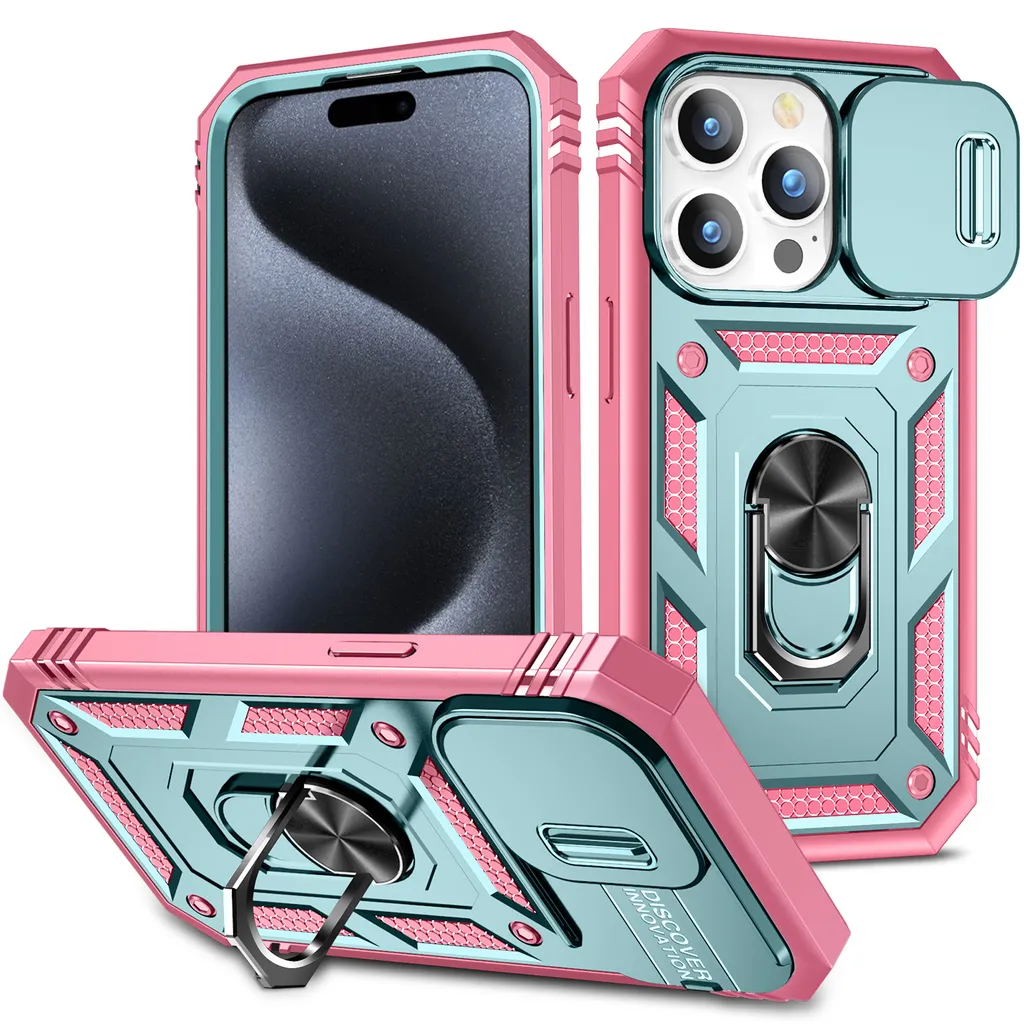 Custodia per iPhone 15 Pro Max protezione fotocamera scorrevole, resistente agli urti, con supporto ad anello, supporto e porta carte di credito Rosa Verde