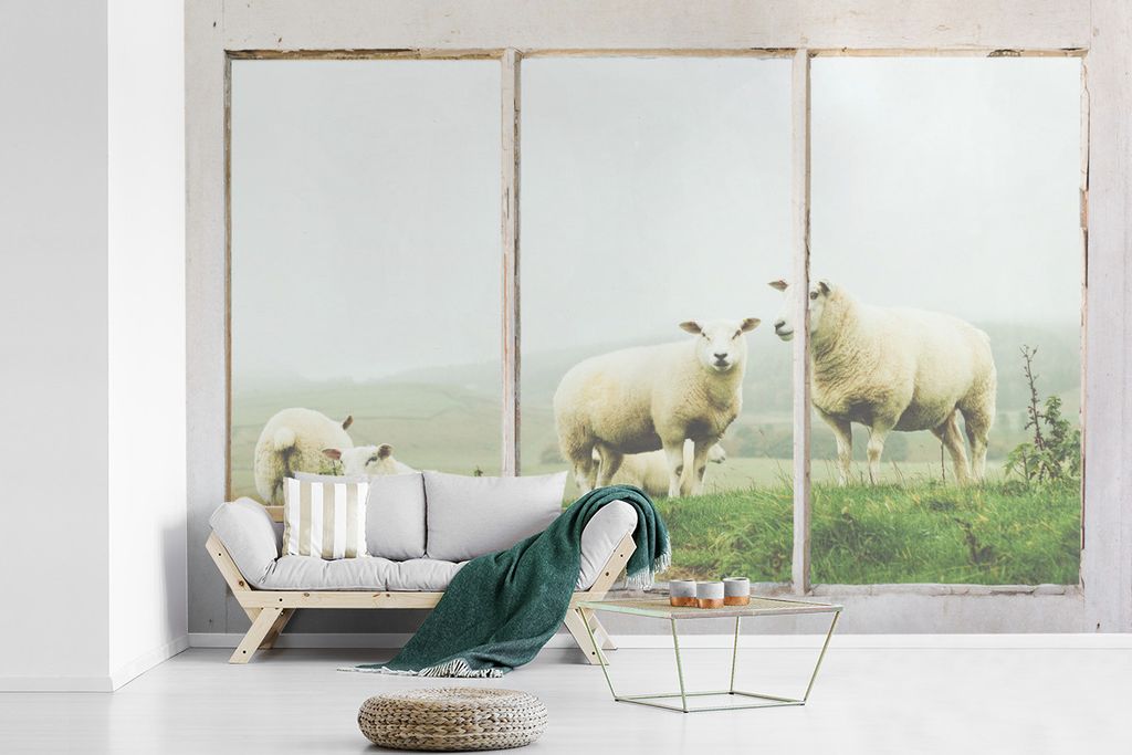 MuchoWow Fototapete für Wohnzimmer oder Schlafzimmer Wandtapete Vinyl Motivtapete Durchschauen - Schafe - Gras - 390x260 cm - Papiertapete