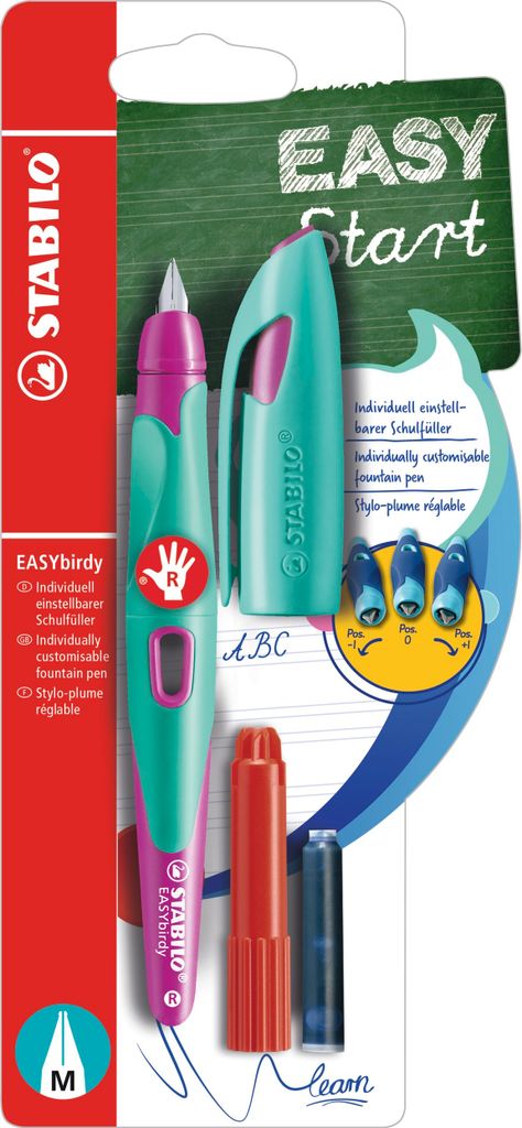 Ergonomischer Schulfüller für Rechtshänder mit Standard-Feder M - STABILO EASYbirdy in türkis/neonpink - Einzelstift - Schreibfarbe blau (lösc...