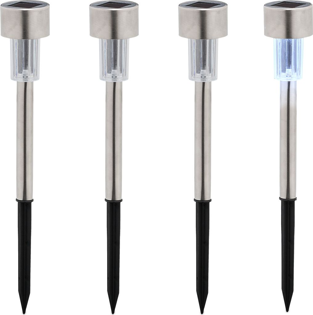 Relaxdays Solarlampen 4er Set, kaltweiß, wasserdicht, Dämmerungssensor, LED Solarlicht, HxD: 31 x 4,5 cm, silber/schwarz