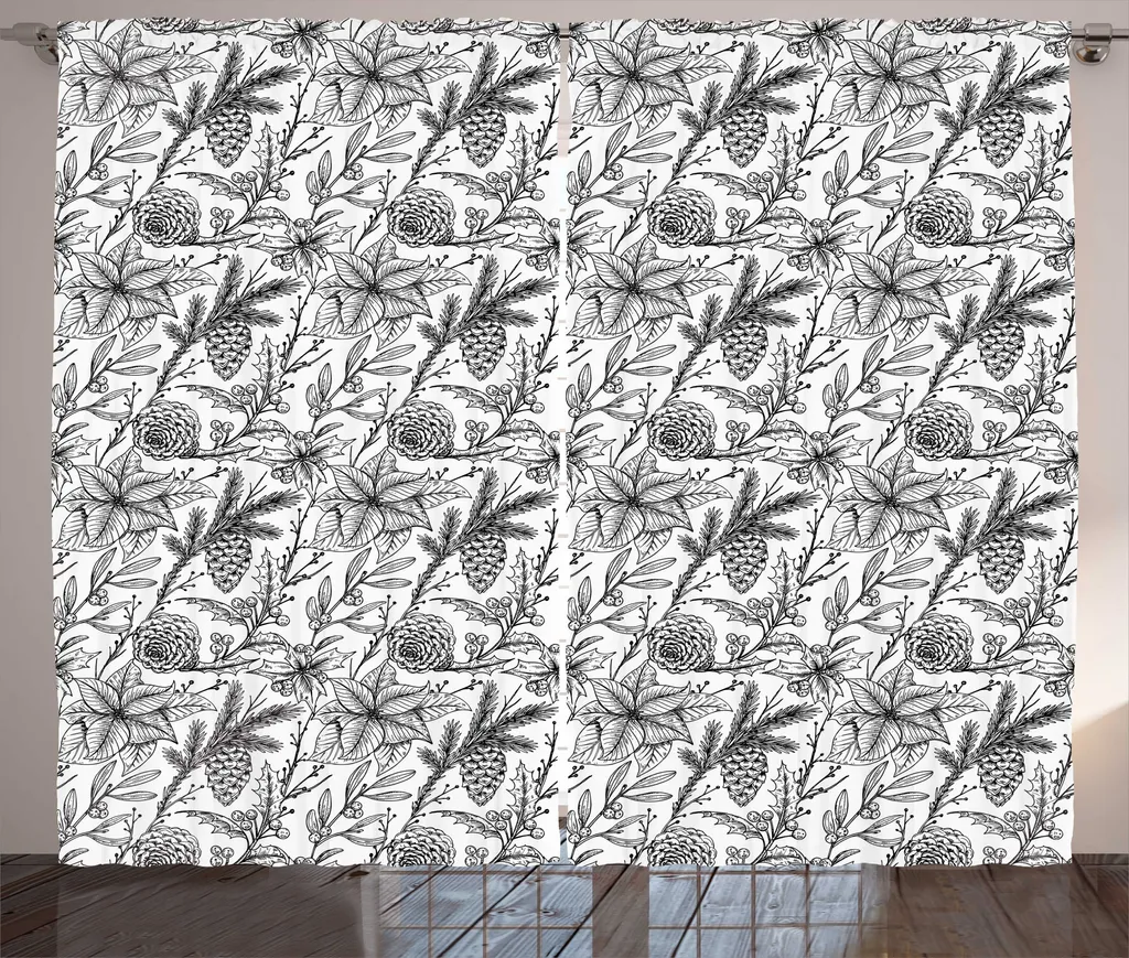 ABAKUHAUS Pine Cone Tenda rustica, fiori di vischio e corniolo, tende universali per soggiorno con passanti e ganci, 280 x 175 cm, bianco e nero