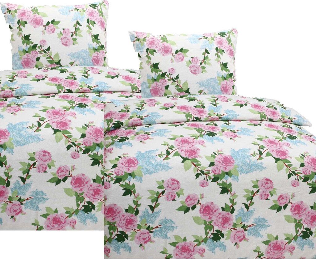 Hochwertige Biber Bettwäsche Baumwolle Blumen Weiß Rosa 135x200 80x80: 4tlg.