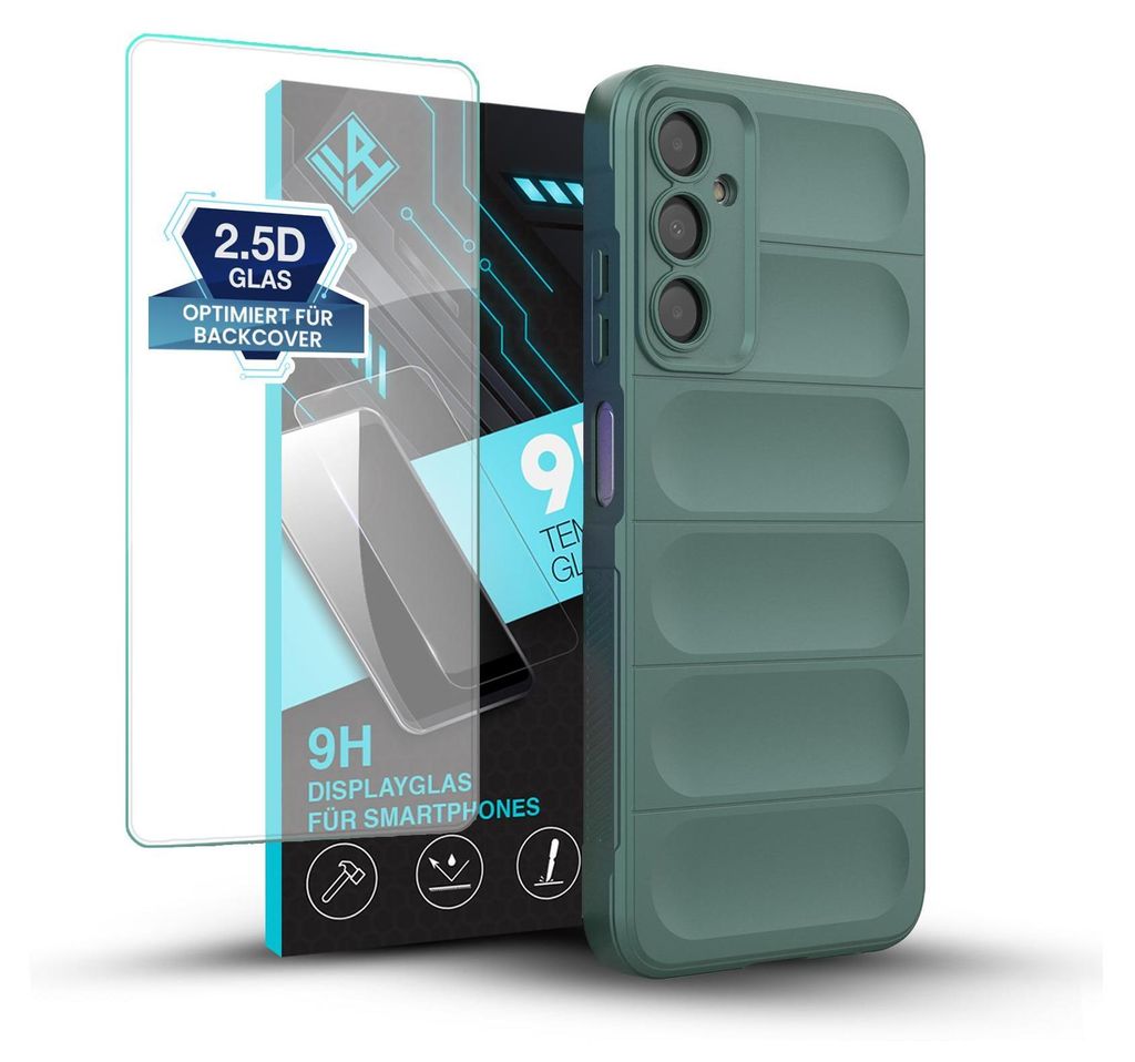 A green phone case and a screen protector are displayed next to their packaging.