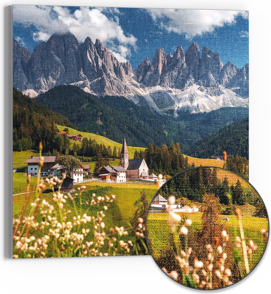 DEQORI Hybrid Leinwand Bild 30x30 cm 'Charmantes Dolomitental' Wandbild Glas flach modern