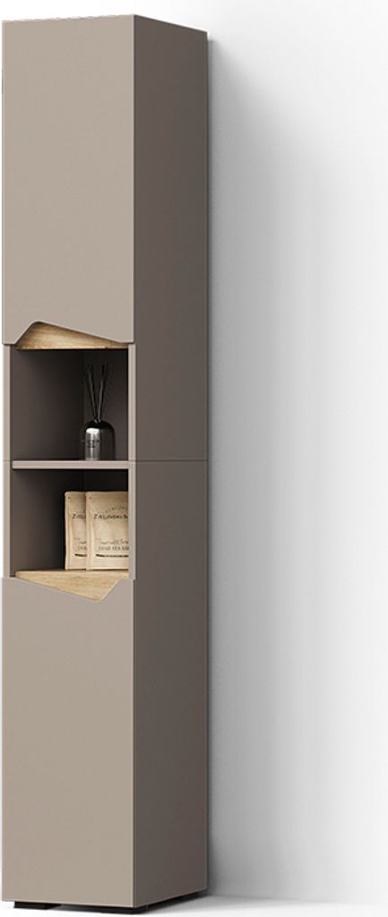 A tall, narrow cabinet with open shelves and doors, standing against a white wall with a shadow.