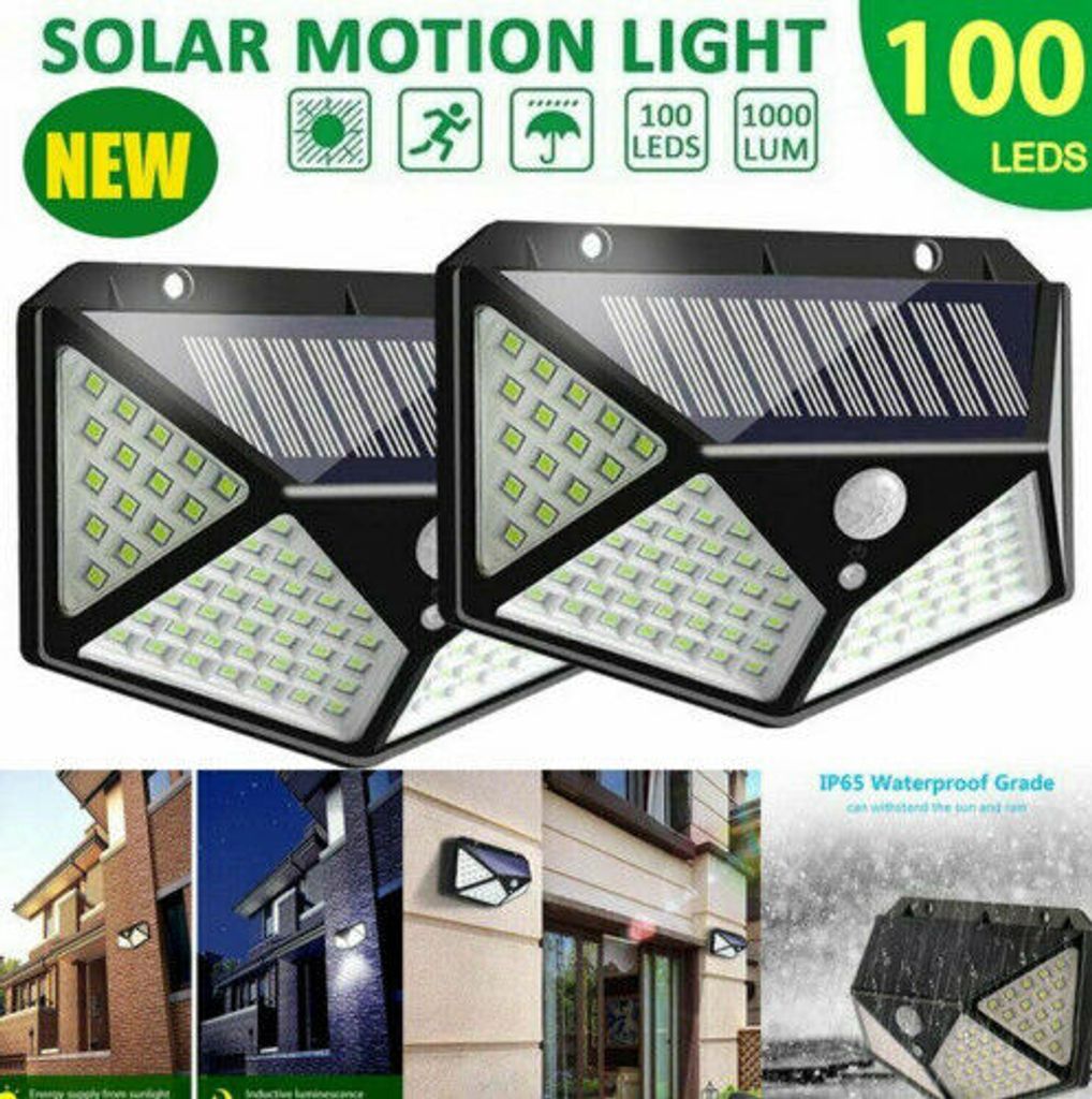 100 LED Vierseitige Solarleuchte mit Bewegungsmelder Wandleuchte Gartenlicht DE 