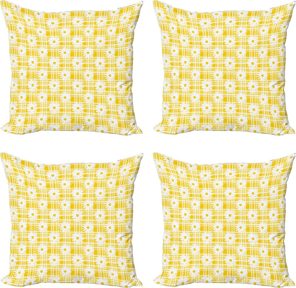 ABAKUHAUS Gänseblümchen Kissenbezug Set (4 Stück), Blume auf Gingham-Muster, Moderner Doppelseitiger Digitaldruck, 40 cm x 40 cm, Senf und Weiß