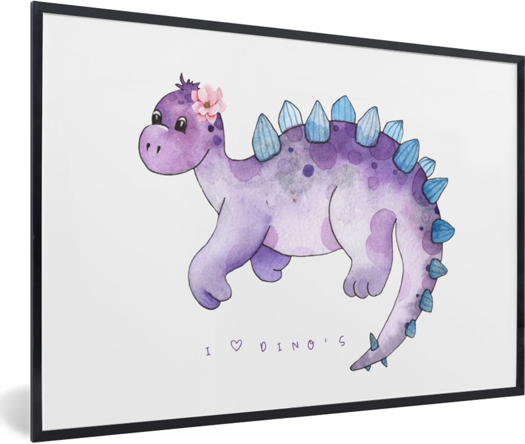 MuchoWow Gerahmtes Poster Dinosaurier - Lila - Kinderzimmer - Mädchen - Kinder - Rosa - Kind 90x60 cm - Poster mit Schwarzem Bilderrahmen Wandpo...