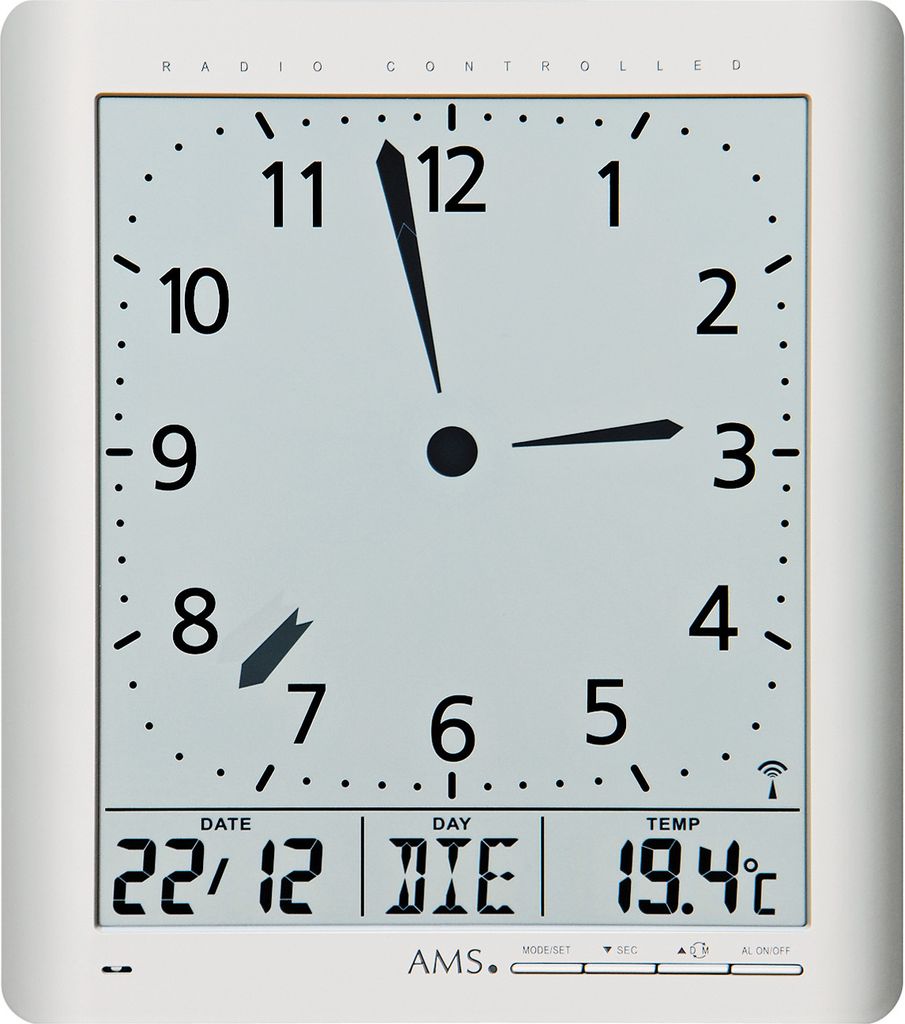 AMS Funk-Wanduhr, Funkwerk mit analoger Zeitanzeige und Produktbild 