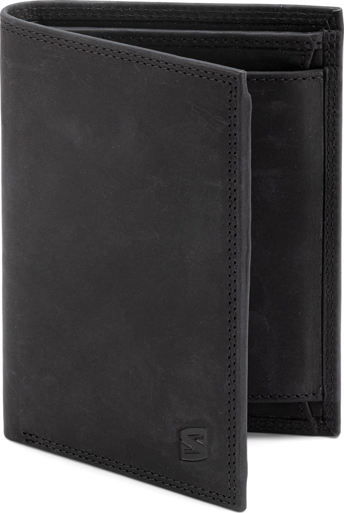 A black leather wallet is shown in a studio setting against a white background.